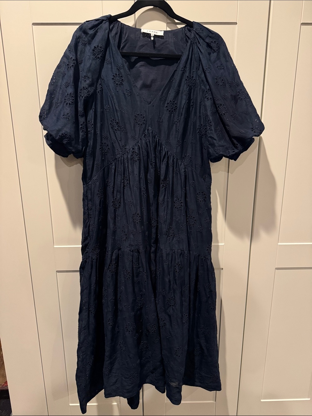 Frame Navy Eyelet Puff-Sleeve Midi Dress